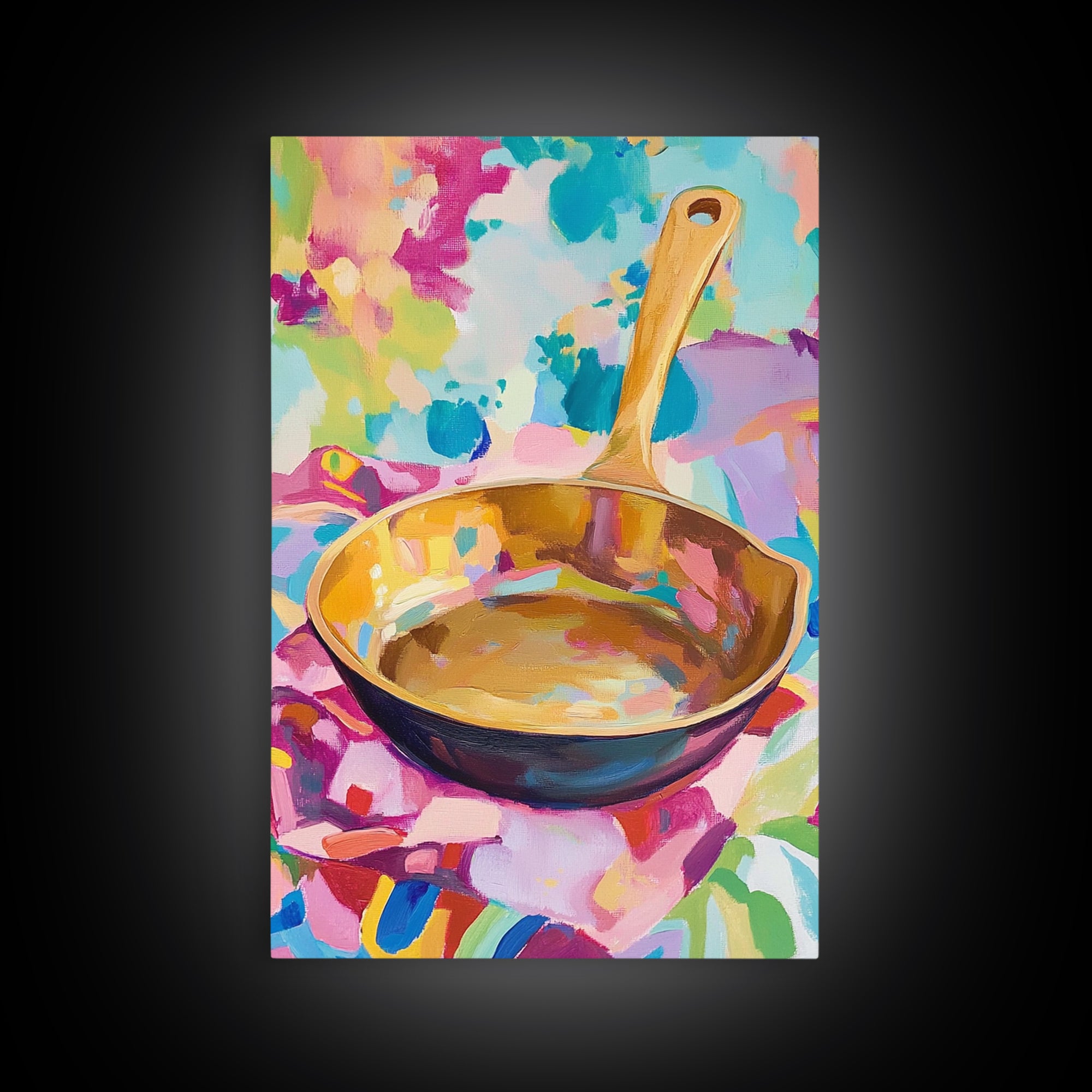 Golden Skillet Pan On Bright Cloth Canvas Print, Colorful Kitchen Wall Art, Foodie Home Decor, Housewarming Gift, Art Print