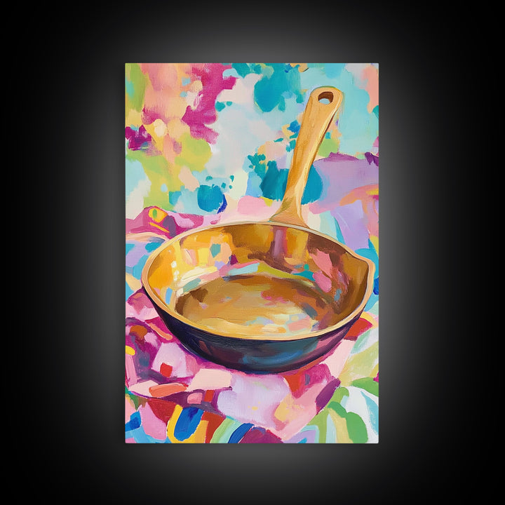 Golden Skillet Pan On Bright Cloth Canvas Print, Colorful Kitchen Wall Art, Foodie Home Decor, Housewarming Gift, Art Print