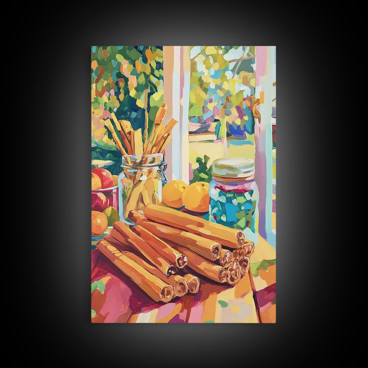 Cinnamon Sticks By Sunny Window Canvas Print, Colorful Kitchen Wall Art, Rustic Farmhouse Decor, Cozy Foodie Housewarming Gift