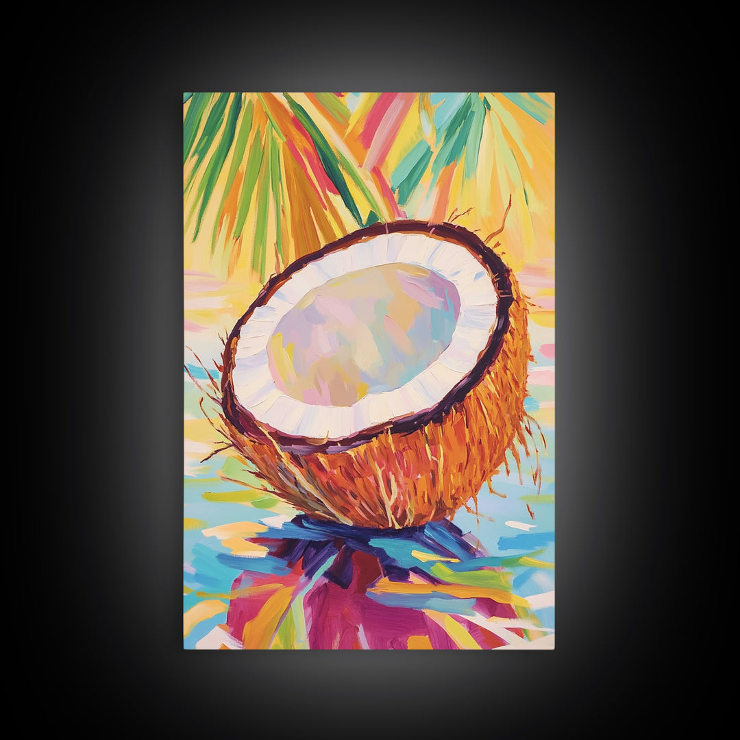 Tropical Coconut Half With Palm Leaves Canvas Print, Coastal Wall Art, Beach House Decor, Colorful Kitchen Art, Summer Gift