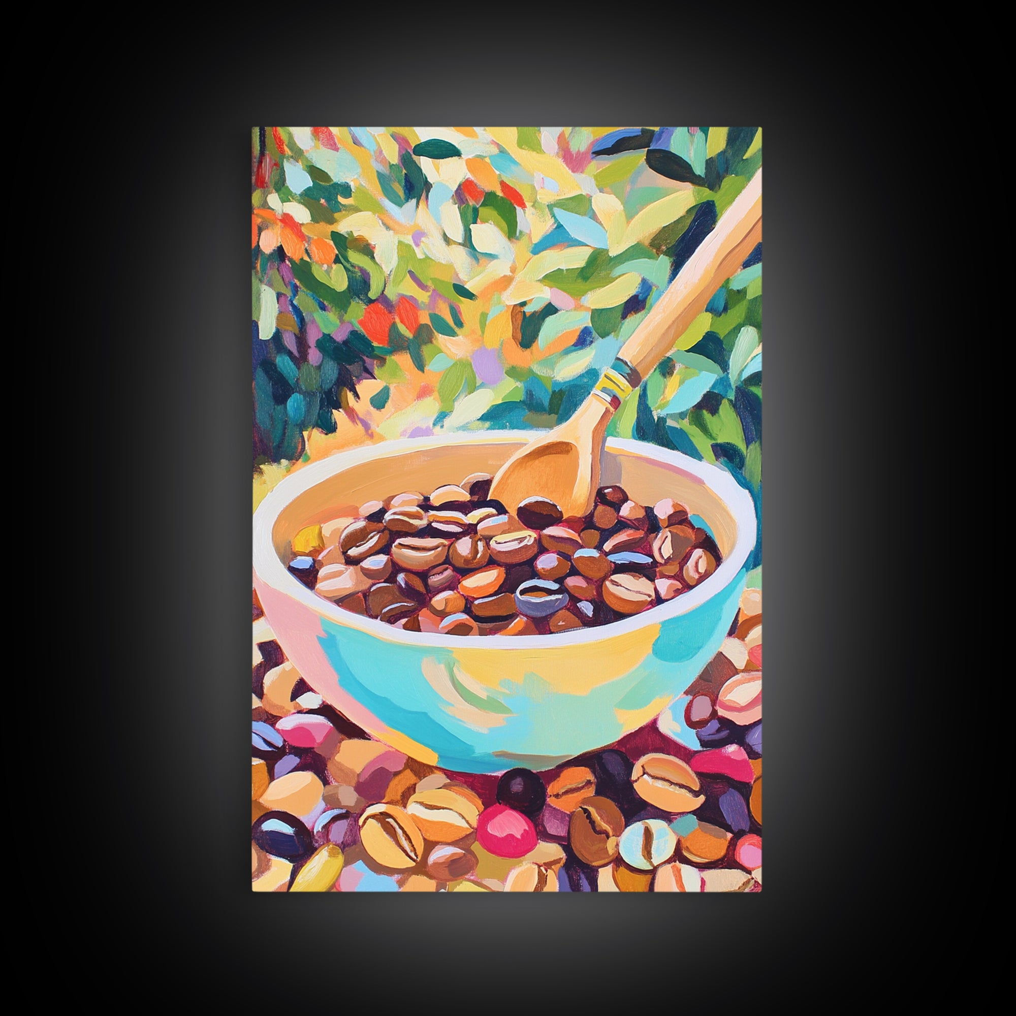 Vibrant Coffee Beans In Ceramic Bowl Canvas Print, Kitchen Wall Art, Coffee Bar Decor, Cafe Poster, Foodie Housewarming Gift