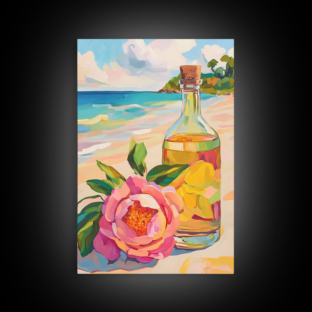 Beach Flower And Glass Bottle Canvas Print, Coastal Wall Art, Tropical Home Decor, Ocean Wall Decor, Summer Kitchen Art Print