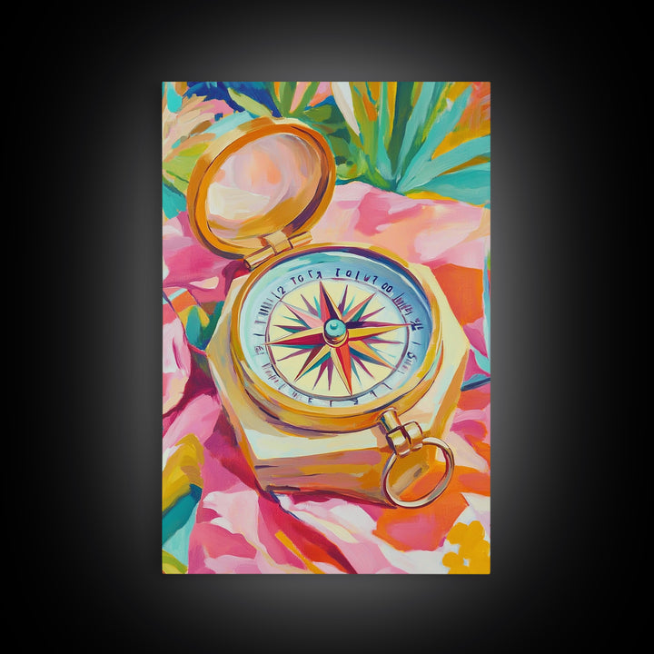Golden Compass On Pink Tropical Cloth Canvas Print, Travel Wall Art, Coastal Decor, Nautical Poster, Adventure Gift For Her