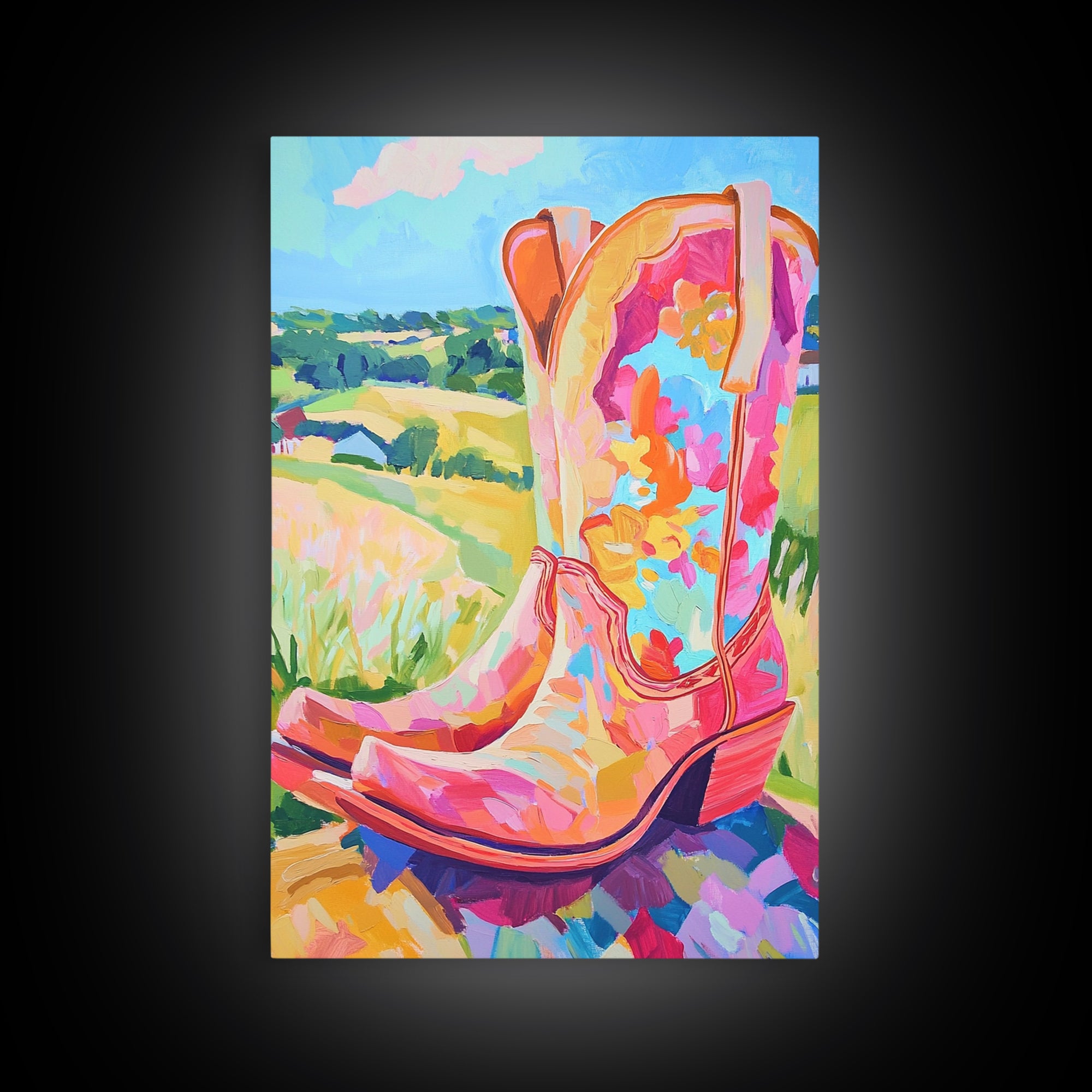 Pink Floral Cowboy Boots Canvas Print, Western Wall Art, Cowgirl Decor, Country Landscape Art Print, Bright Gift For Her