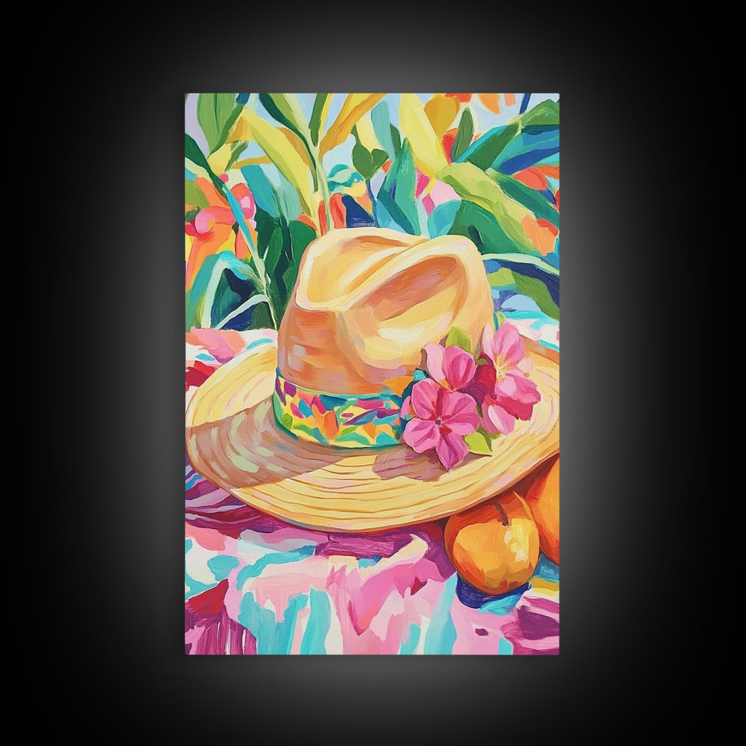 Straw Sun Hat With Pink Flowers Canvas Print, Tropical Wall Art, Coastal Cowgirl Decor, Summer Home Decor Art Gift For Her