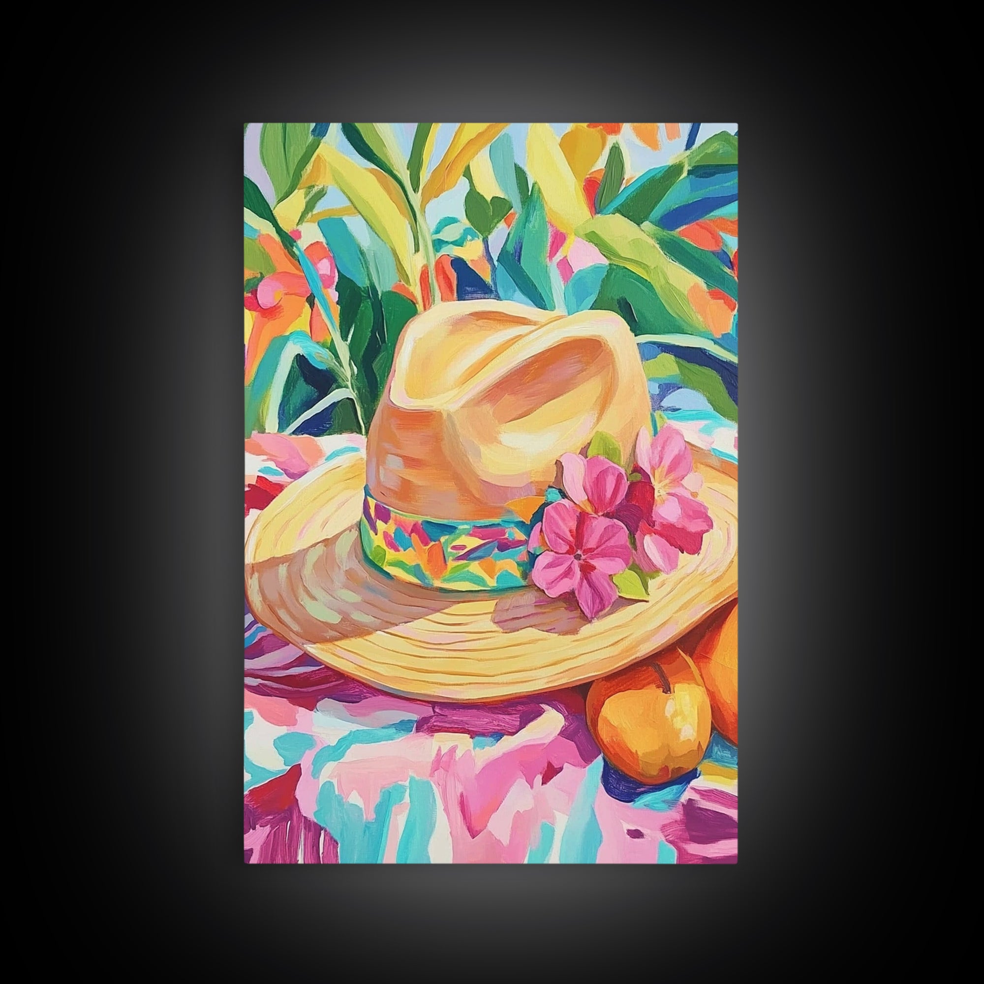 Straw Sun Hat With Pink Flowers Canvas Print, Tropical Wall Art, Coastal Cowgirl Decor, Summer Home Decor Art Gift For Her