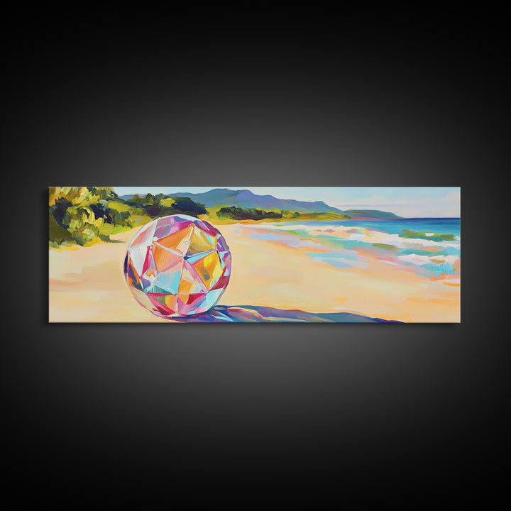 Prismatic Beach Ball On Tropical Shore Canvas Print, Coastal Wall Art, Beach House Decor, Ocean Wall Decor, Summer Vibes