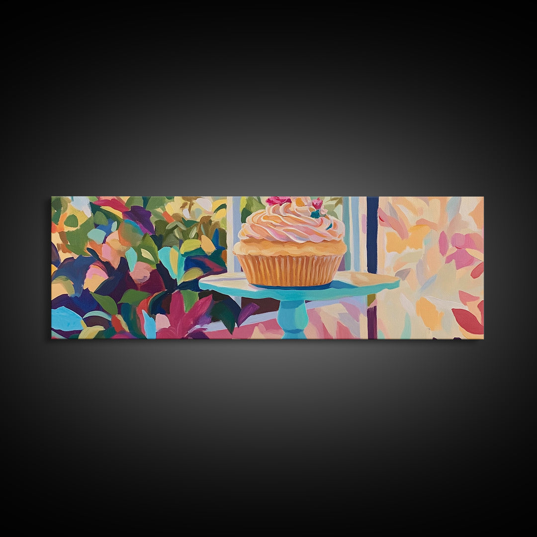 Pink Frosted Cupcake On Cake Stand Canvas Print, Bakery Wall Art, Cute Kitchen Decor, Dessert Art, Gift For Baker, Coffee Shop Decor
