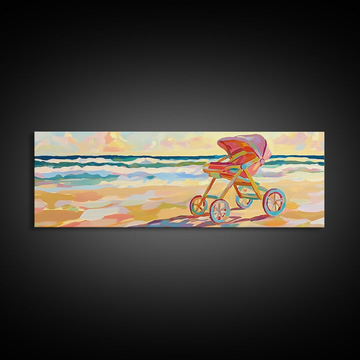 Pink Baby Stroller On Sunny Beach Wall Art, Coastal Nursery Decor, Ocean Canvas Print, Baby Shower Gift For Girl, Beach House Decor
