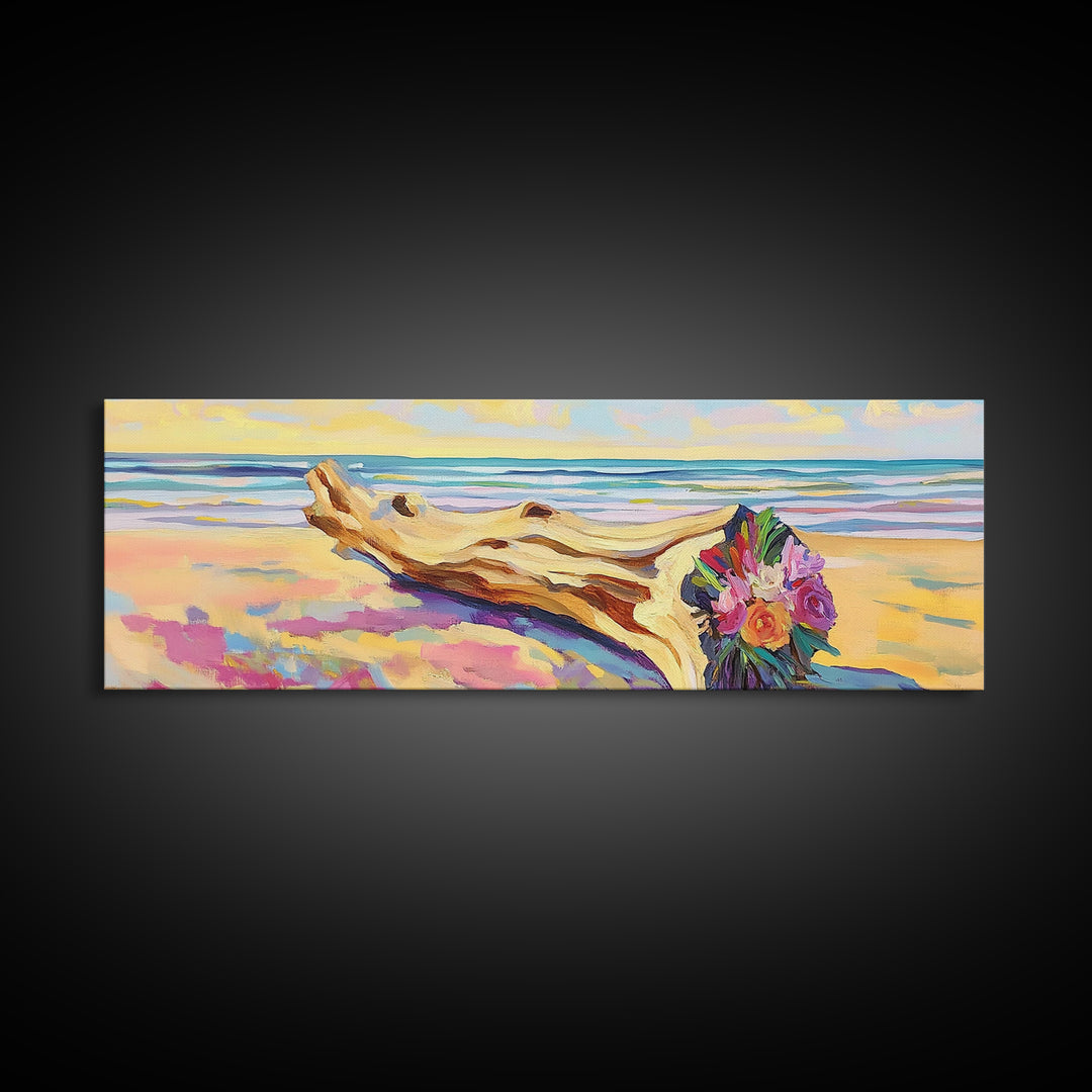 Driftwood Bouquet On Sandy Beach Wall Art, Coastal Canvas Print, Ocean Landscape Decor, Beach House Living Room Wall Decor Gift For Her