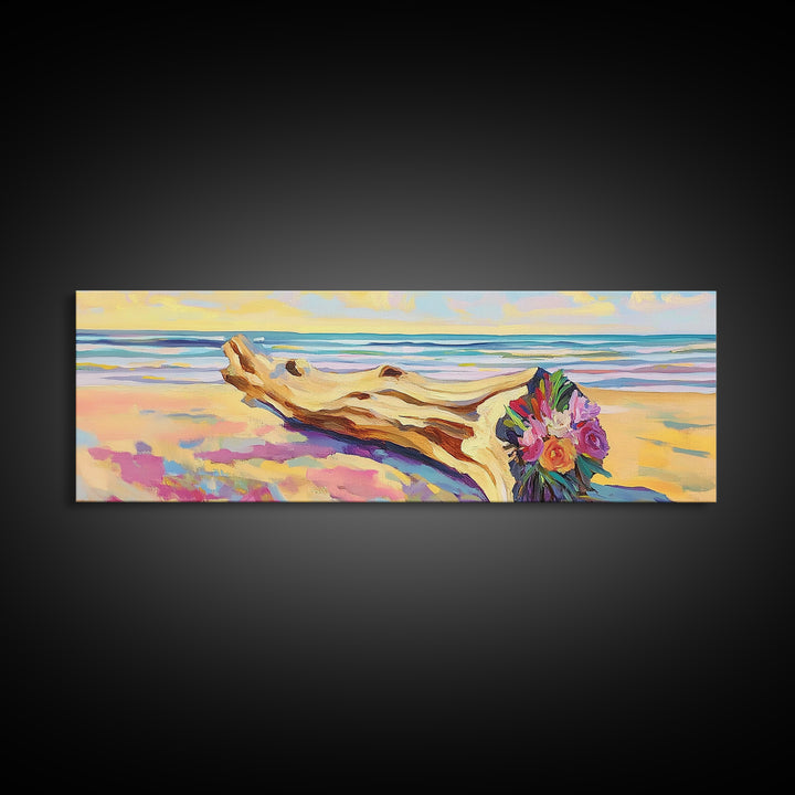Driftwood Bouquet On Sandy Beach Wall Art, Coastal Canvas Print, Ocean Landscape Decor, Beach House Living Room Wall Decor Gift For Her