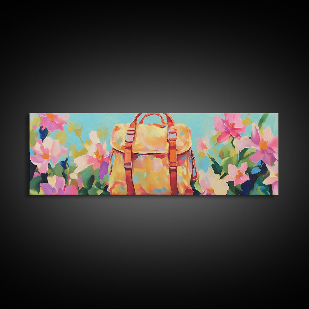 Sunlit Yellow Backpack In Blooming Garden Wall Art, Whimsical Canvas Print For Travel Decor Girls Room Decor And Gift For Her