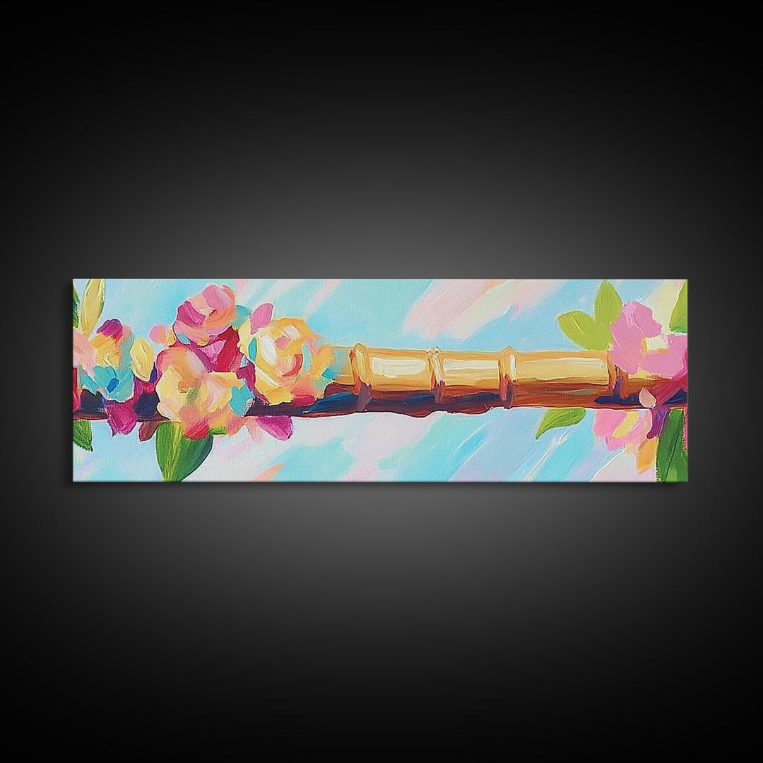 Pink Flowers On Gold Bamboo Rod Canvas Print, Feminine Wall Art, Floral Wall Decor, Chinoiserie Inspired Home Decor Gift