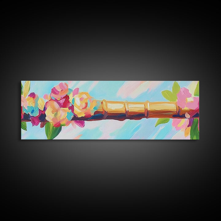 Pink Flowers On Gold Bamboo Rod Canvas Print, Feminine Wall Art, Floral Wall Decor, Chinoiserie Inspired Home Decor Gift
