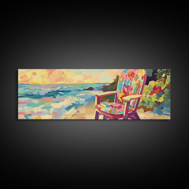 Colorful Beach Chair By Ocean Sunset Wall Art, Coastal Living Room Decor, Beach House Canvas Print, Summer Seascape Gift