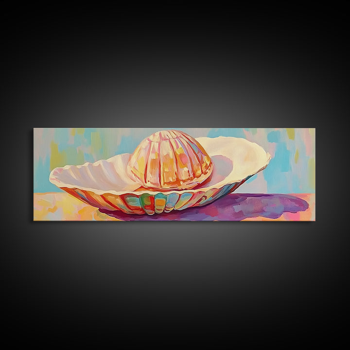 Pastel Seashells On Painted Plate Canvas Print, Coastal Wall Art, Beach House Decor, Ocean Art Print, Bathroom Wall Decor