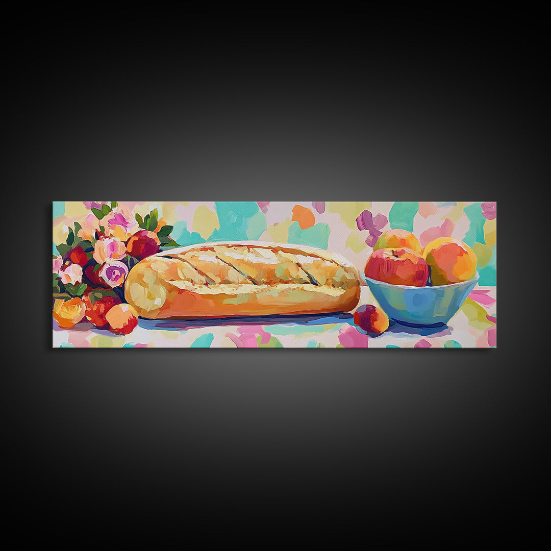Crusty Bread With Apples And Flowers Wall Art, Rustic Kitchen Decor, Bakery Art Print, Farmhouse Decor, Dining Room Prints
