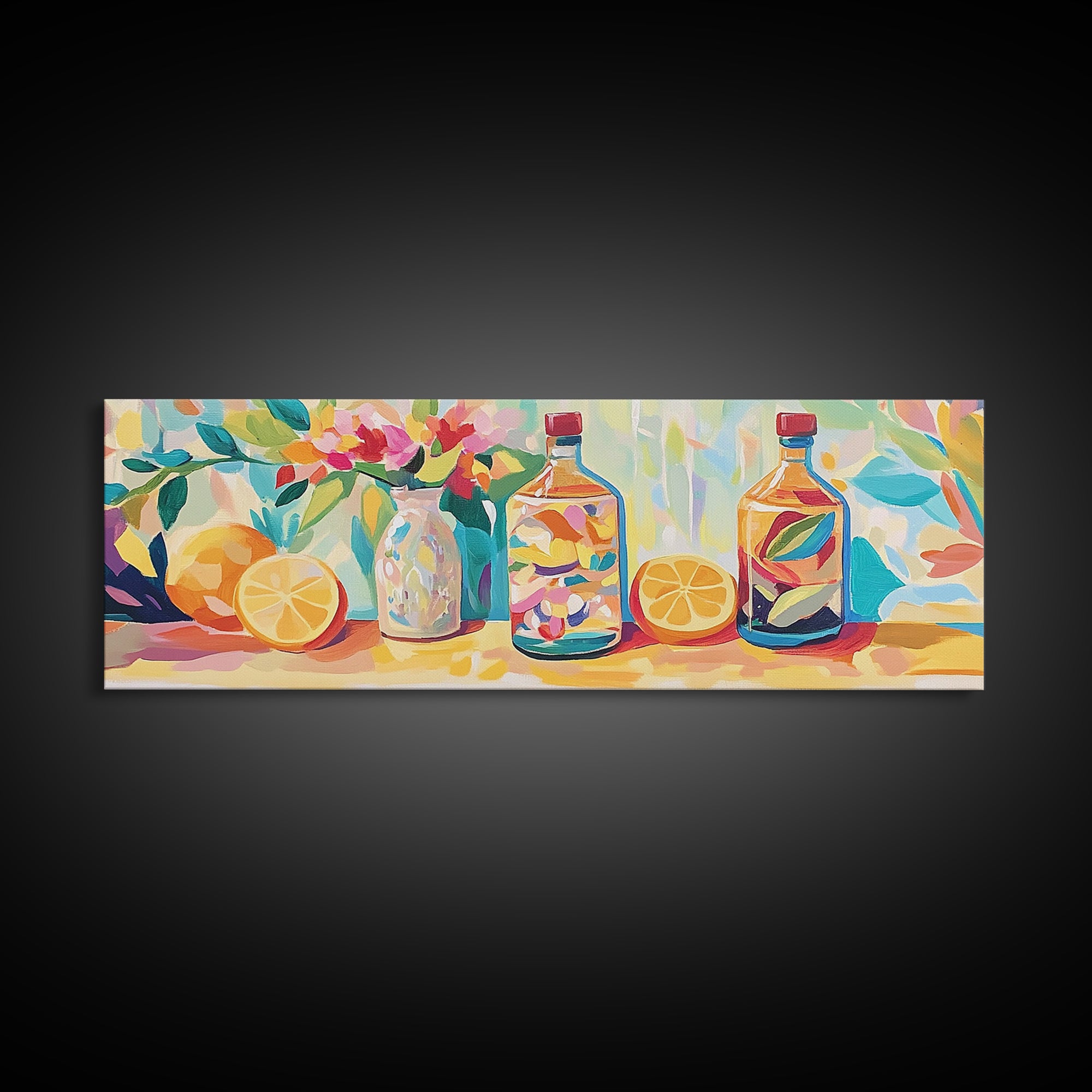 Lemon Bottles And Pink Flowers Framed Canvas Print, Kitchen Wall Art, Colorful Still Life, Modern Dining Room Decor, Housewarming Gift