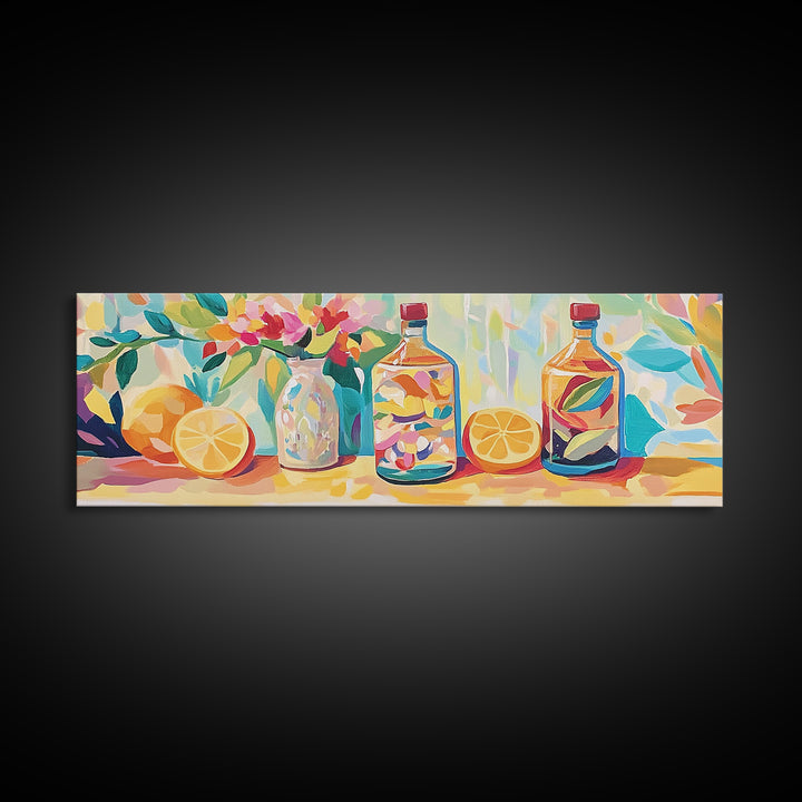 Lemon Bottles And Pink Flowers Framed Canvas Print, Kitchen Wall Art, Colorful Still Life, Modern Dining Room Decor, Housewarming Gift