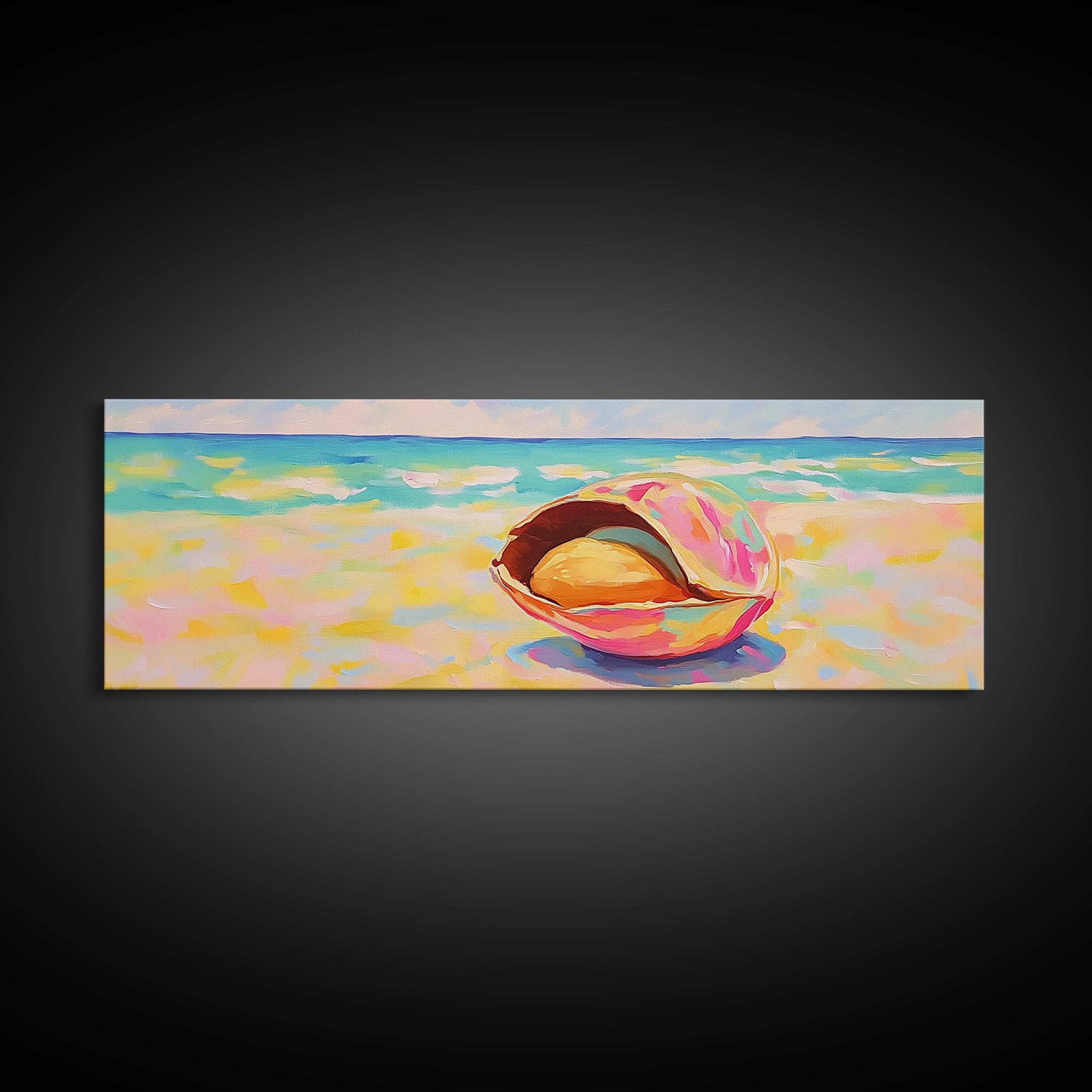 Pink Seashell On Beach Canvas Print, Coastal Wall Art, Ocean Painting, Beach House Decor, Nautical Living Room Print Gift