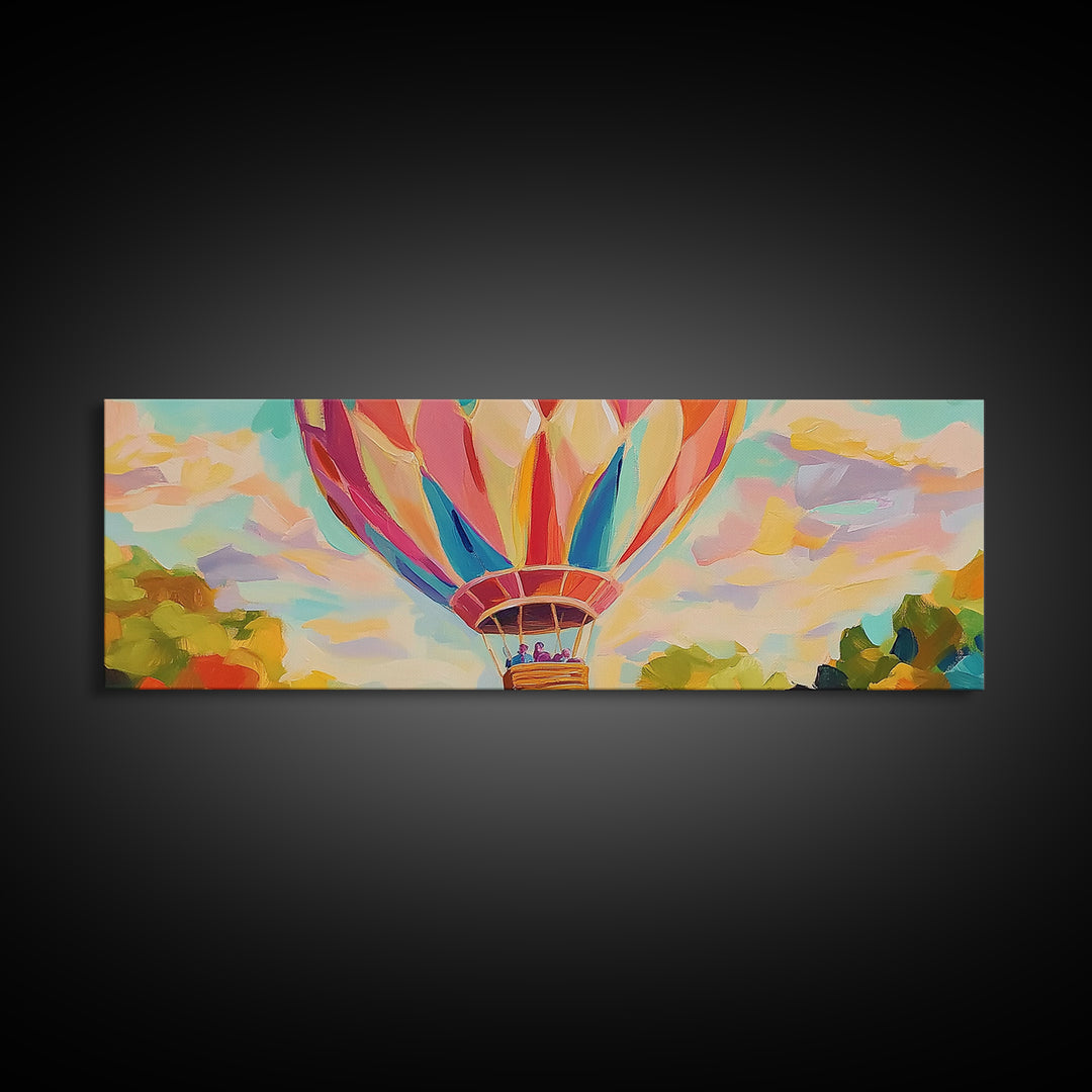 Pastel Hot Air Balloon Wall Art, Whimsical Landscape Painting, Nursery Decor, Kids Room Wall Decor, Framed Canvas Print Gift