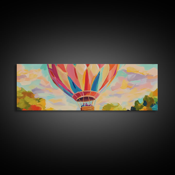 Pastel Hot Air Balloon Wall Art, Whimsical Landscape Painting, Nursery Decor, Kids Room Wall Decor, Framed Canvas Print Gift