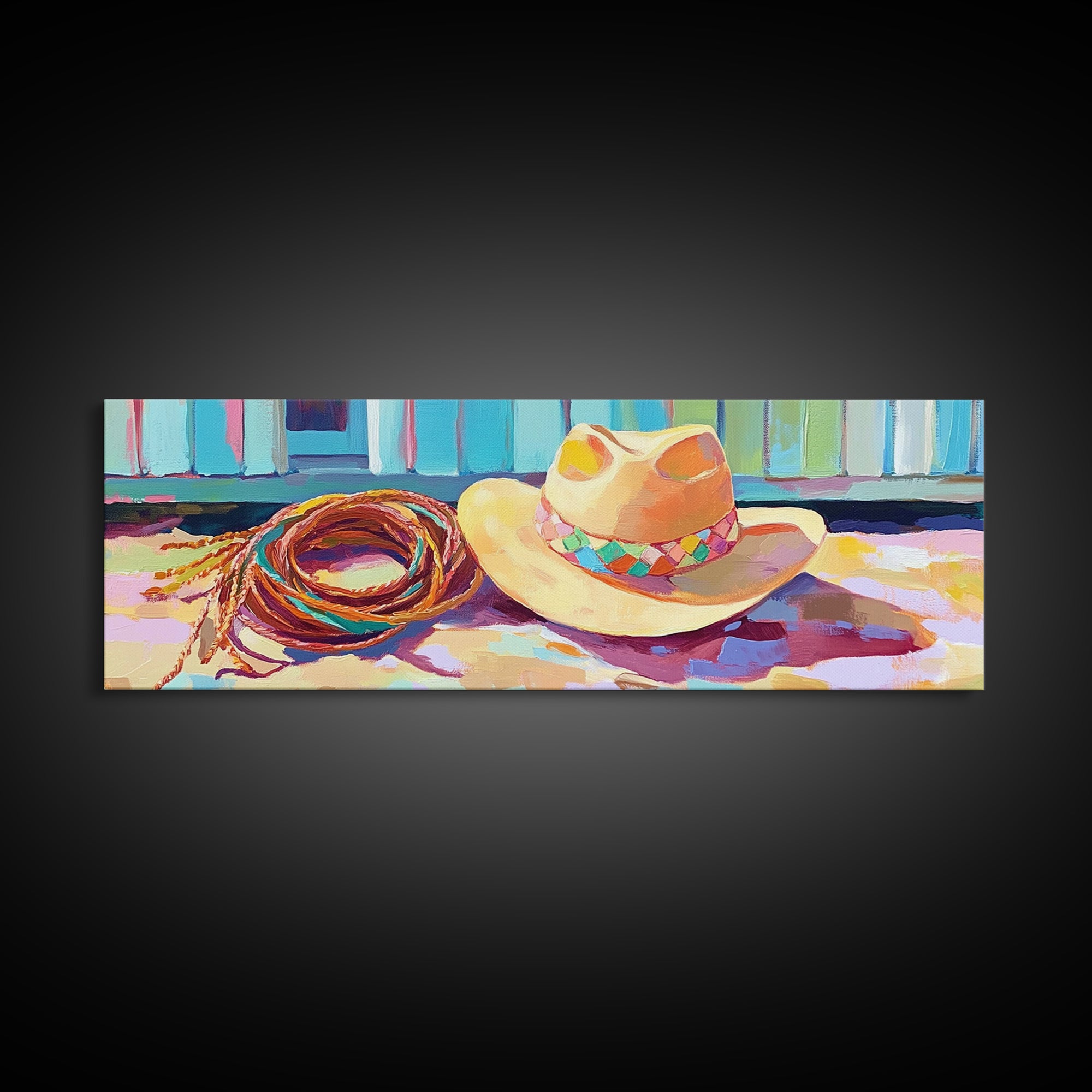 Western Cowboy Hat And Lasso On Sunlit Porch Wall Art, Rustic Western Decor, Farmhouse Canvas Print For Man Cave Home Decor Gift
