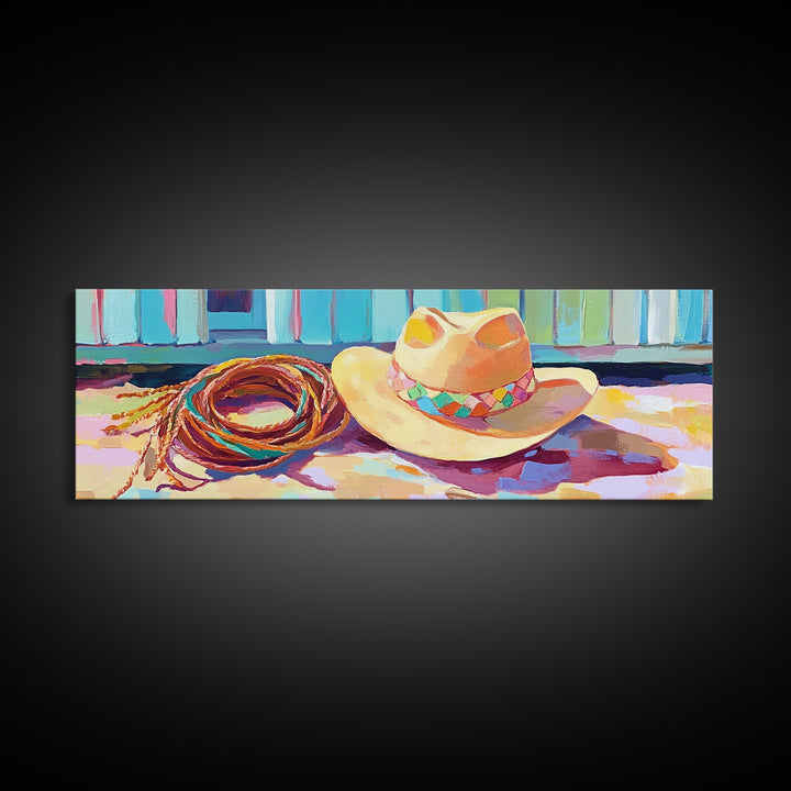 Western Cowboy Hat And Lasso On Sunlit Porch Wall Art, Rustic Western Decor, Farmhouse Canvas Print For Man Cave Home Decor Gift