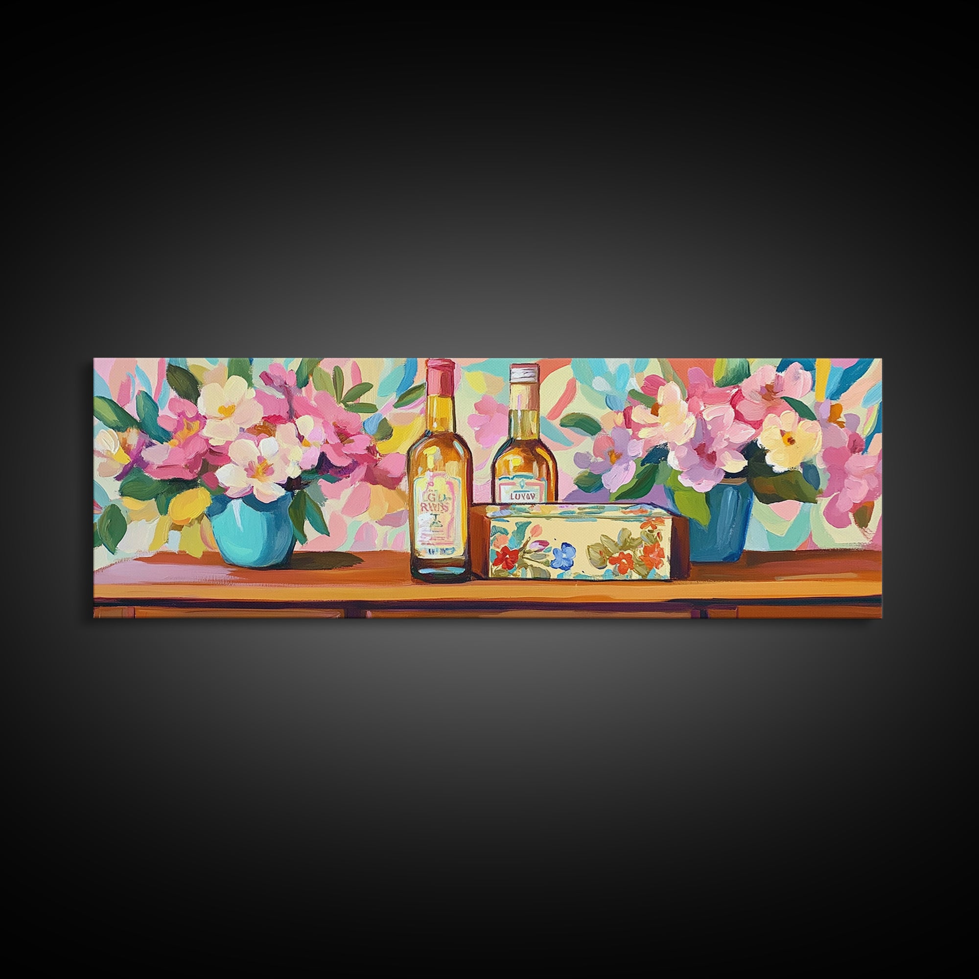 Wine Bottles And Pink Flowers Canvas Print, French Country Kitchen Decor, Winery Wall Art, Dining Room Prints, Gift For Her