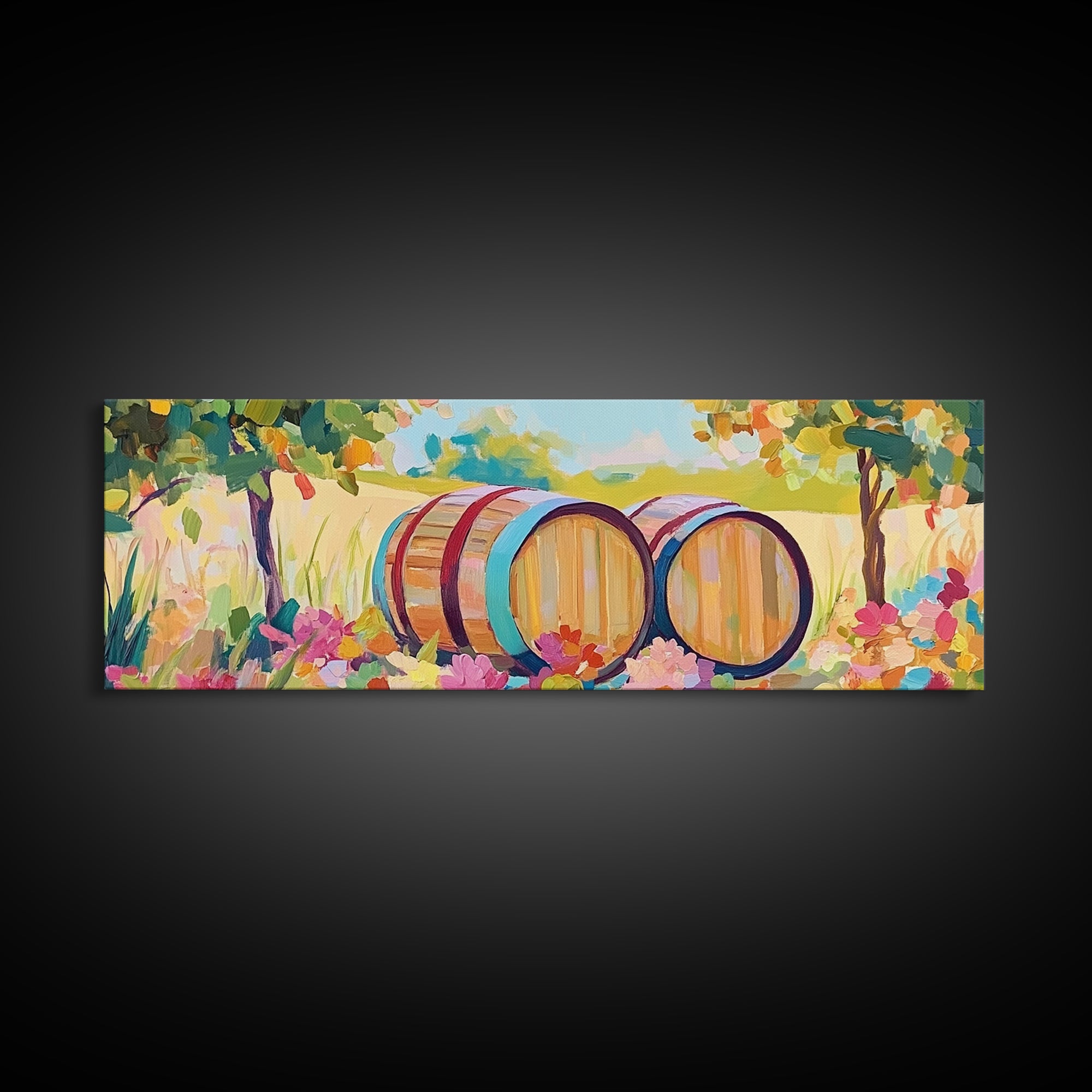 Sunny Vineyard Wine Barrels Framed Canvas Print, Wine Country Art, Rustic Wall Art, Winery Decor, Housewarming Gift Idea