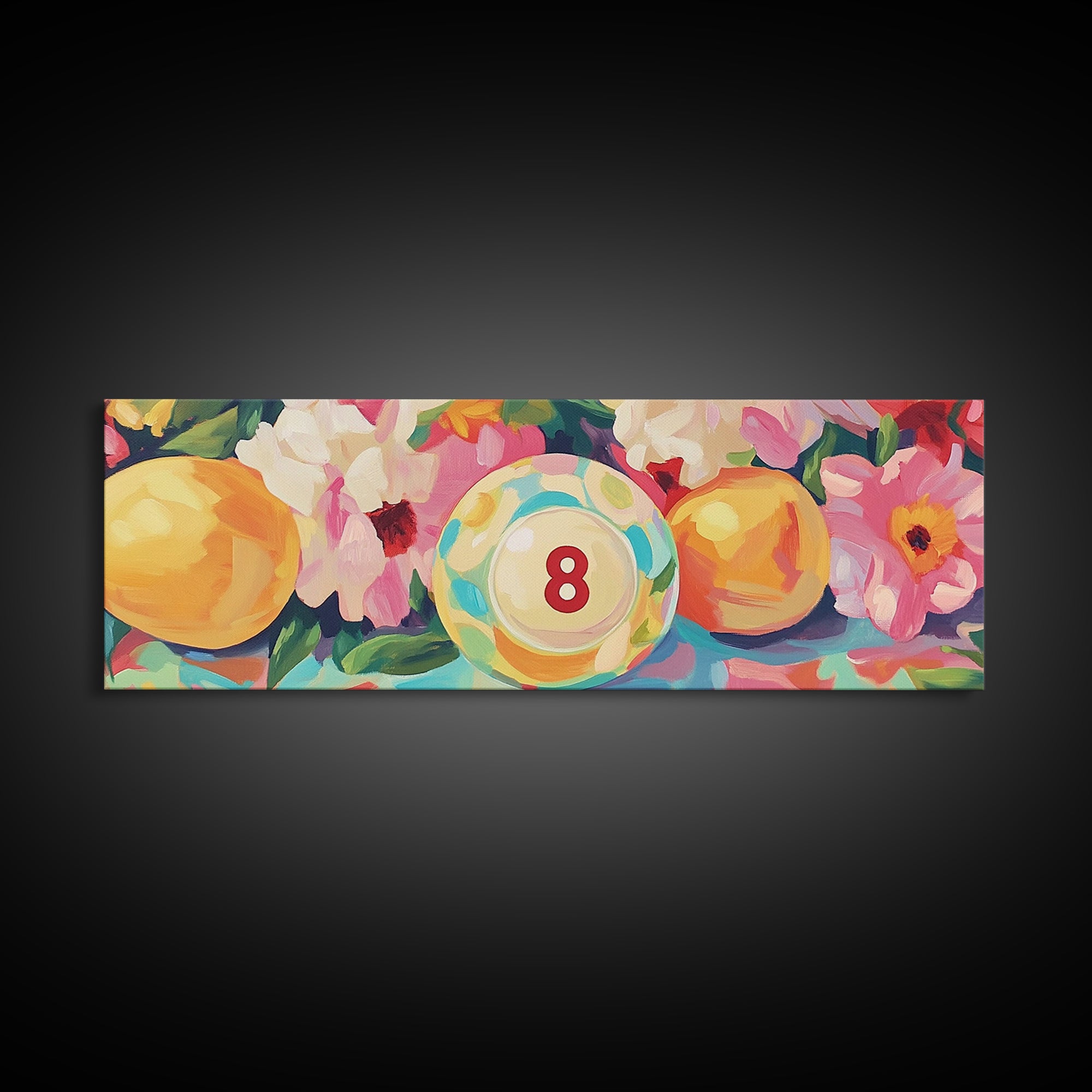 Pool Eight Ball With Pink Flowers Canvas Print, Retro Game Room Art, Billiards Wall Art, Man Cave Decor, Gift For Him Poster