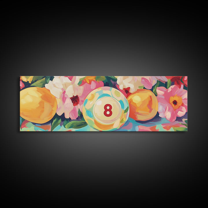 Pool Eight Ball With Pink Flowers Canvas Print, Retro Game Room Art, Billiards Wall Art, Man Cave Decor, Gift For Him Poster