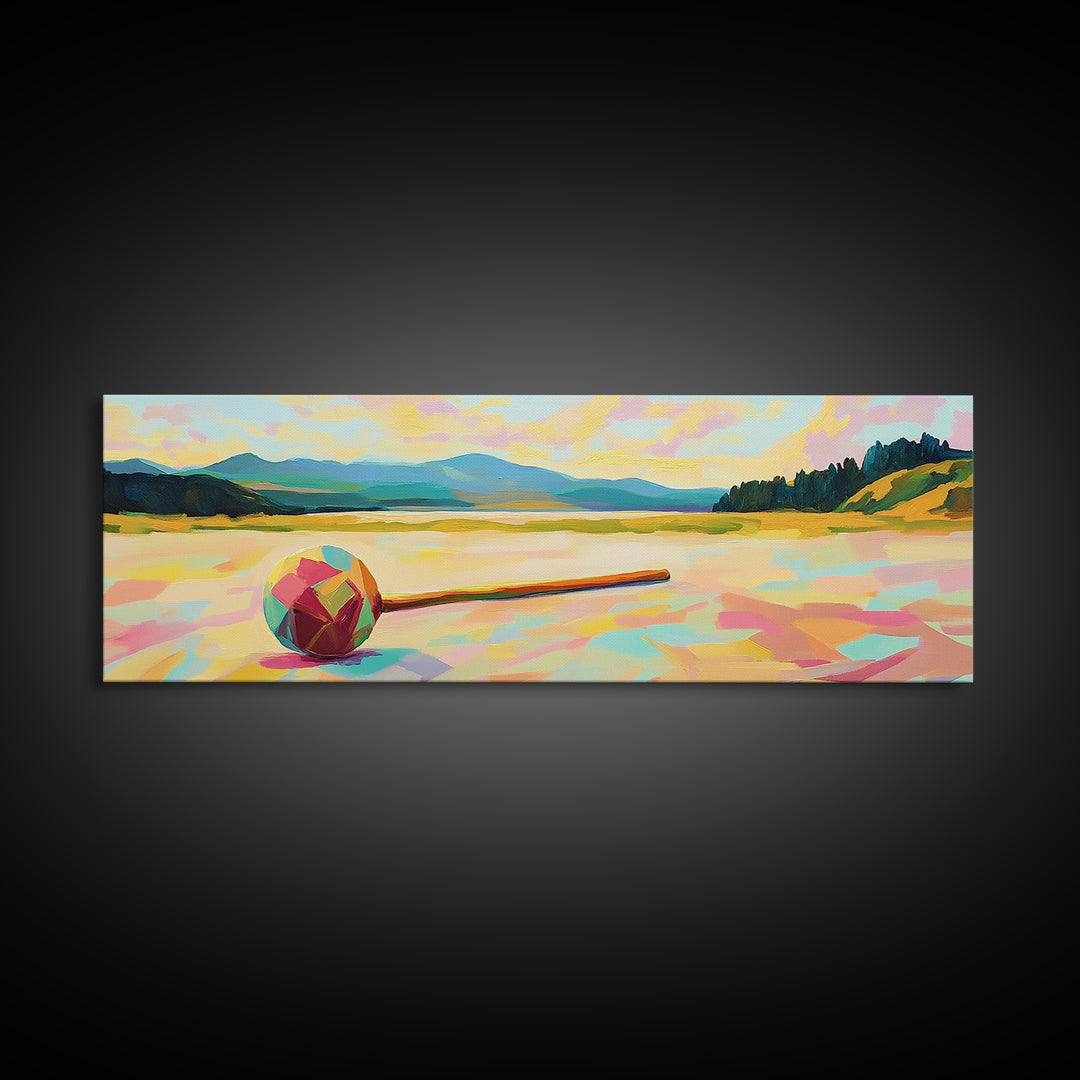 Colorful Croquet Ball And Mallet Landscape Canvas Print, Lake House Wall Decor, Summer Game Room Art, Rustic Cabin Gift Idea