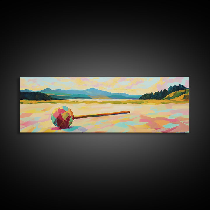 Colorful Croquet Ball And Mallet Landscape Canvas Print, Lake House Wall Decor, Summer Game Room Art, Rustic Cabin Gift Idea
