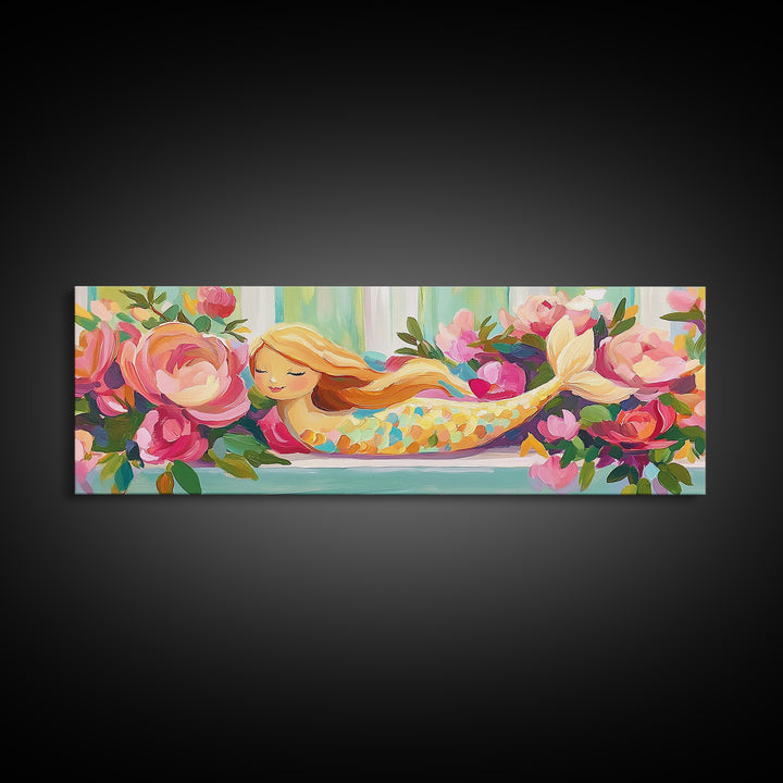 Sleeping Mermaid In Rose Garden Canvas Print, Whimsical Floral Wall Art, Girls Room Decor, Nursery Wall Art, Fantasy Gift