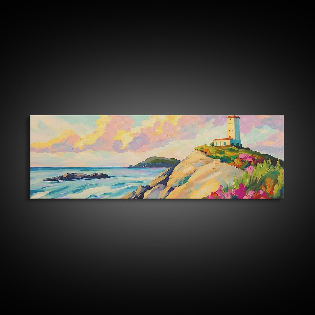 Pastel Lighthouse On Rocky Coast Canvas Print, Coastal Wall Art, Beach House Decor, Ocean Landscape, Nautical Living Room Art