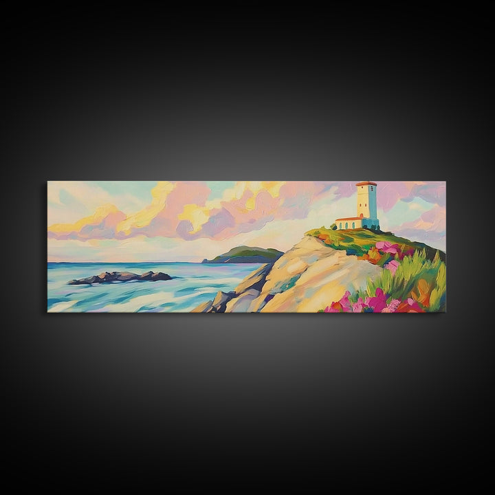 Pastel Lighthouse On Rocky Coast Canvas Print, Coastal Wall Art, Beach House Decor, Ocean Landscape, Nautical Living Room Art