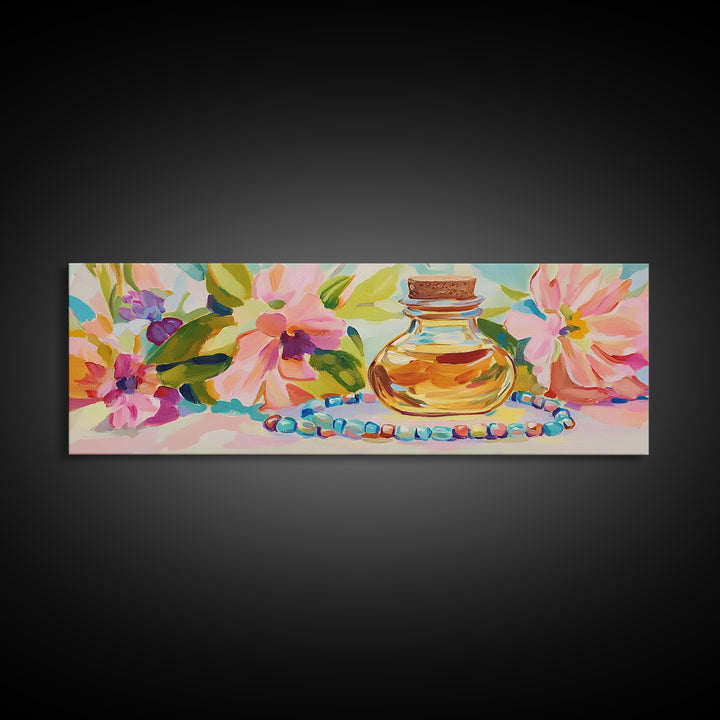 Perfume Bottle And Floral Beads Canvas Print, Feminine Wall Art, Pink Floral Home Decor, Girly Bedroom Decor Gift For Her