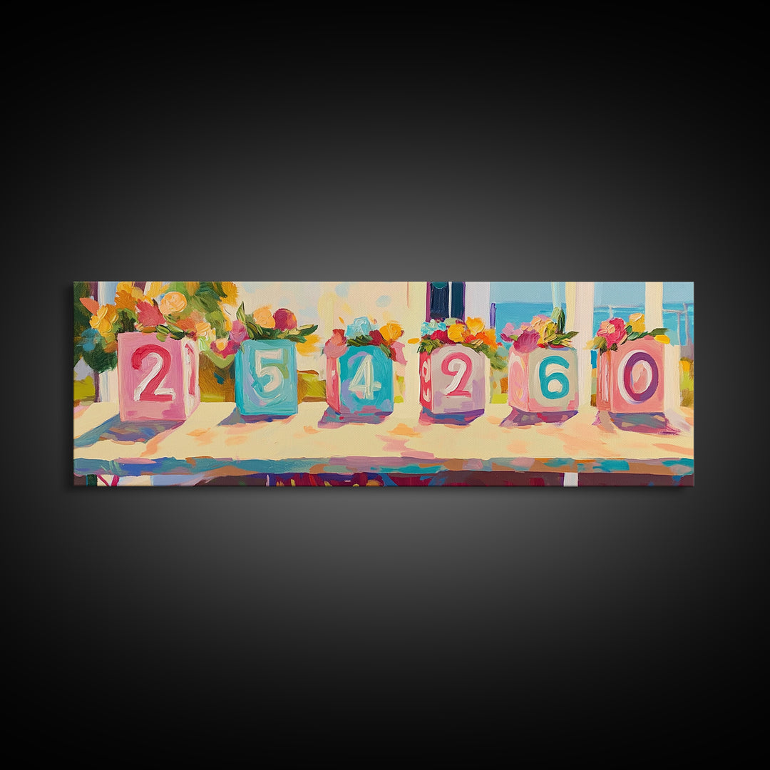Colorful Number Blocks And Flowers Canvas Print, Nursery Wall Art, Kids Room Decor, Playroom Art, Pastel Baby Shower Gift