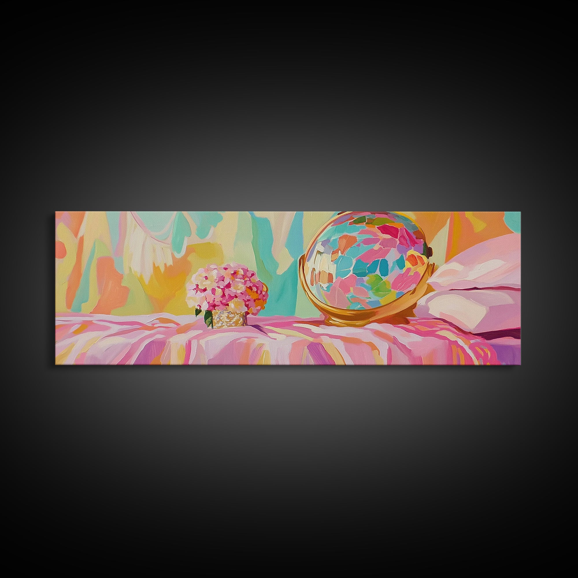 Pastel Vanity Globe And Pink Bouquet Framed Canvas Print, Girly Bedroom Wall Art, Coquette Room Decor, Gift For Her, Aesthetic Wall Art