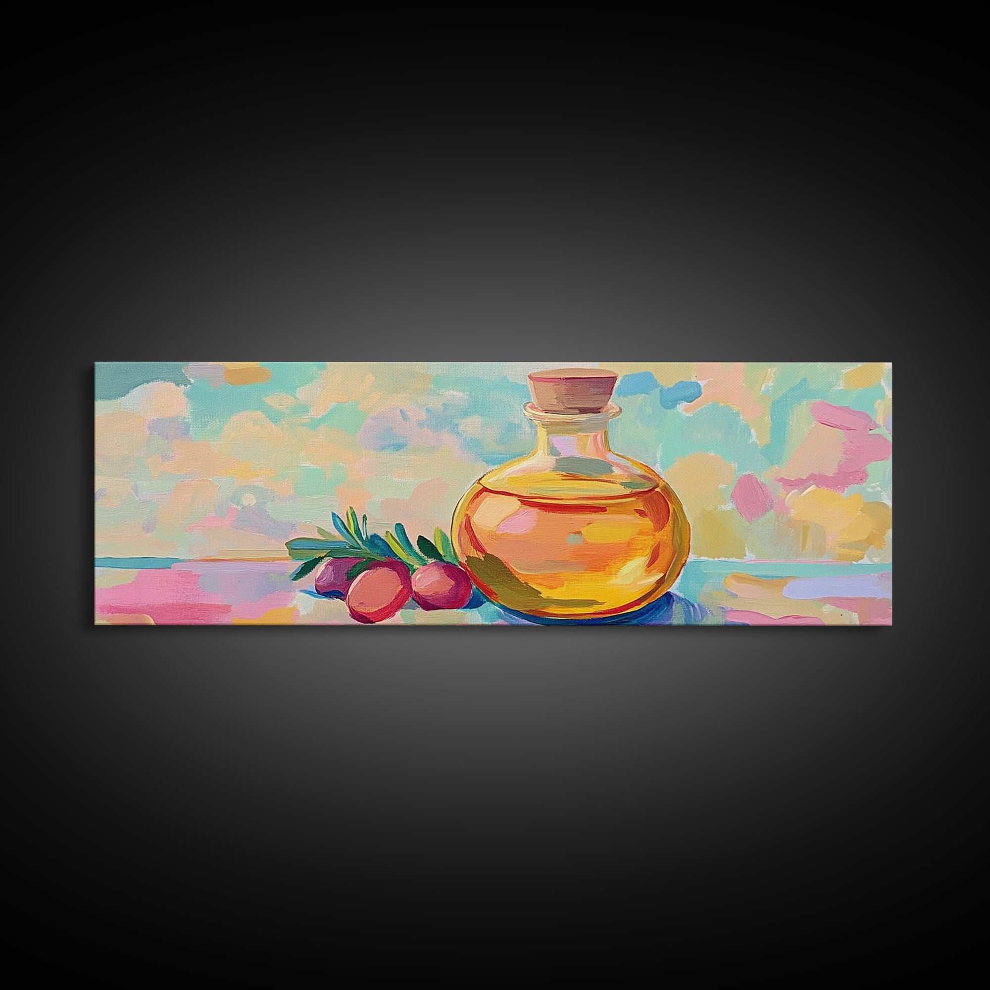 Golden Olive Oil Bottle And Olives Canvas Print, Mediterranean Kitchen Wall Art, Foodie Gift, Still Life Home Decor, Art For Kitchen