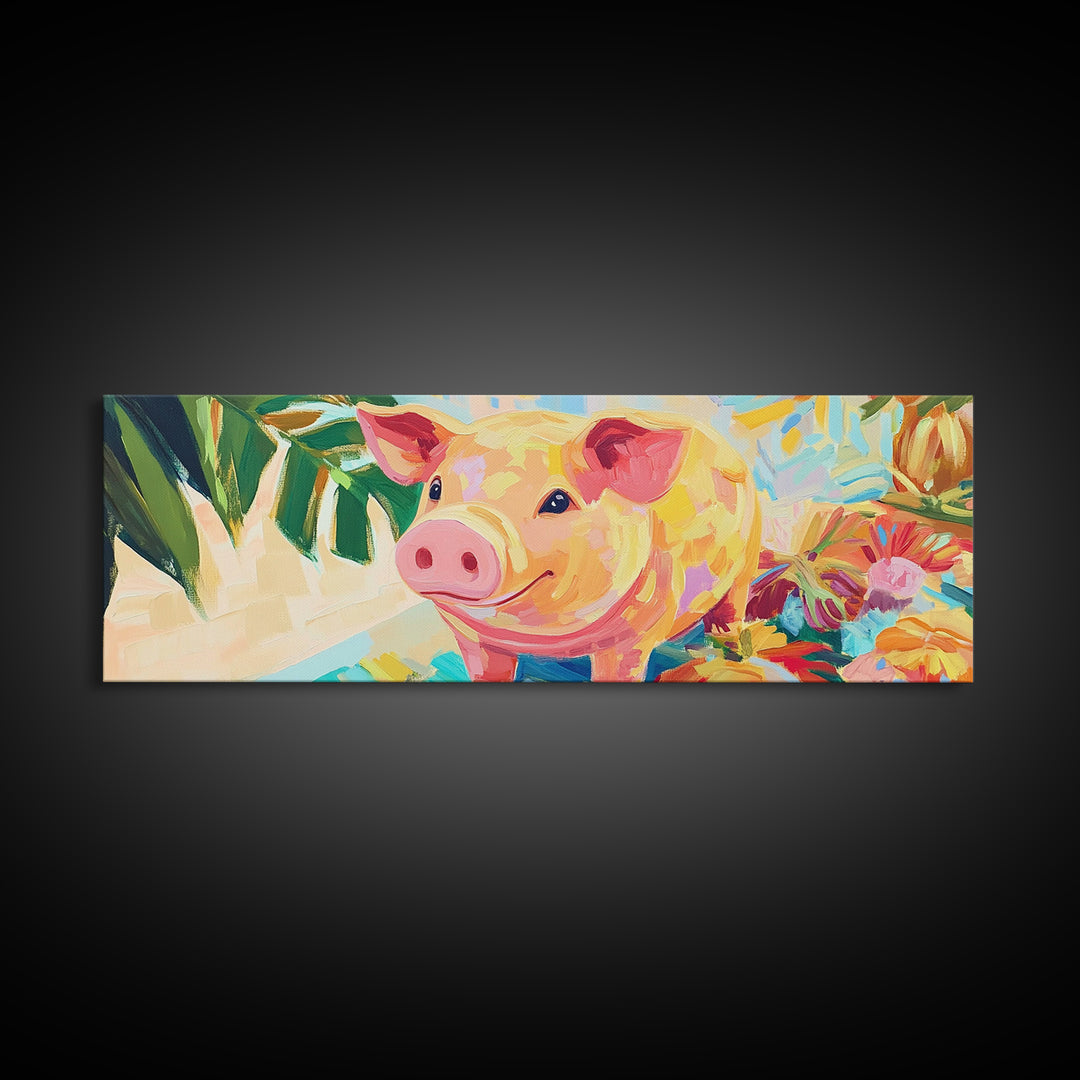 Smiling Pink Pig With Tropical Flowers Canvas Print, Whimsical Animal Wall Art, Farm Animal Nursery Decor, Cute Home Decor