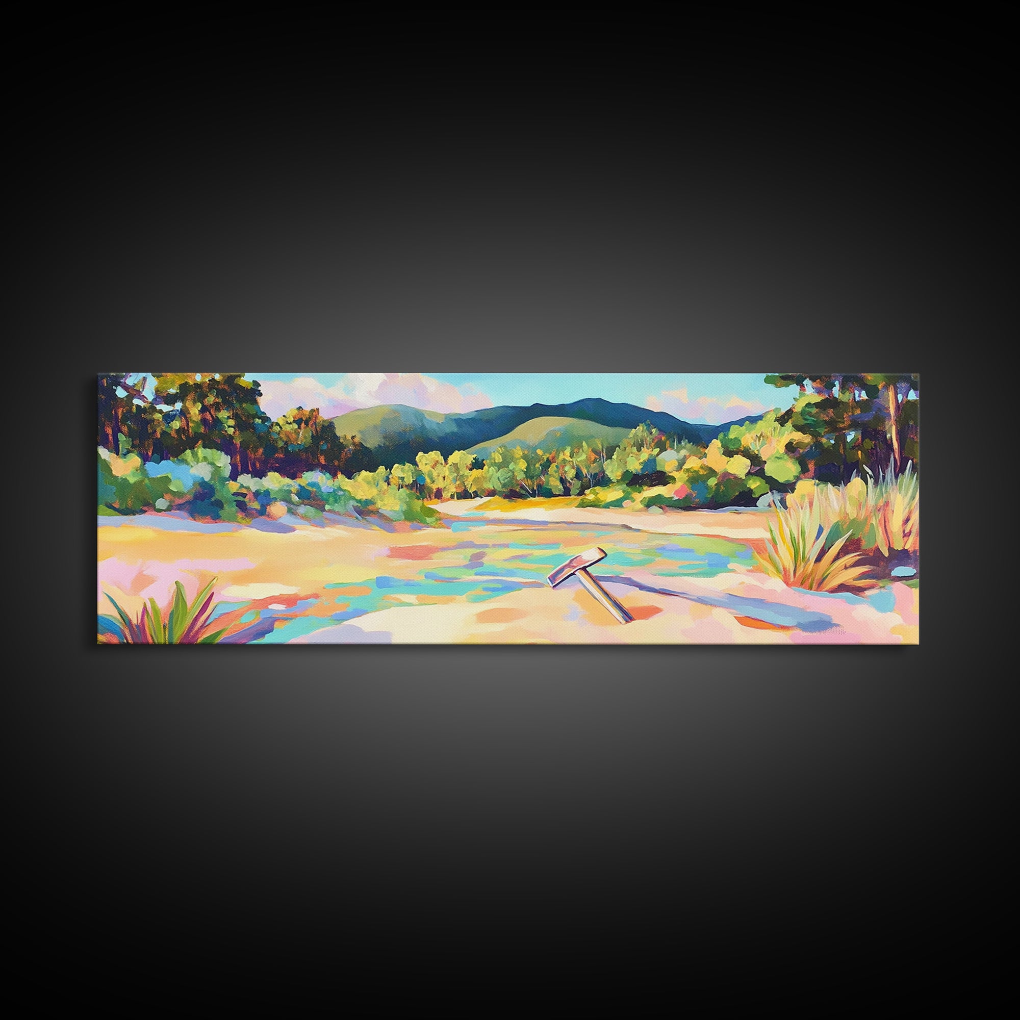 Colorful Sandy River Beach Framed Canvas Print, Coastal Wall Art, Mountain Landscape Art, Summer Decor, Housewarming Gift