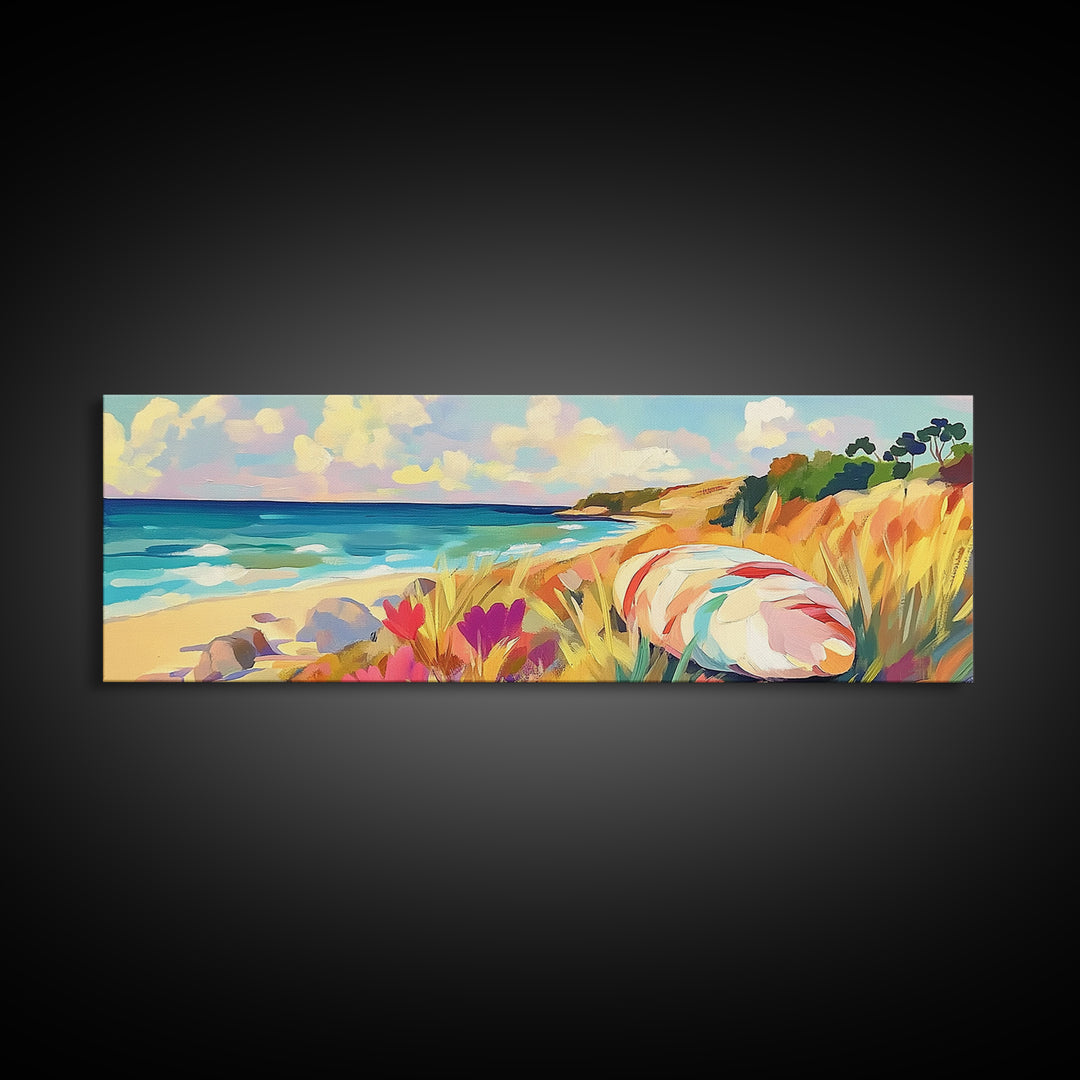 Sunny Coastal Beach With Seashell And Wildflowers Wall Art, Ocean Landscape Canvas Print, Beach House Decor, Summer Vibes