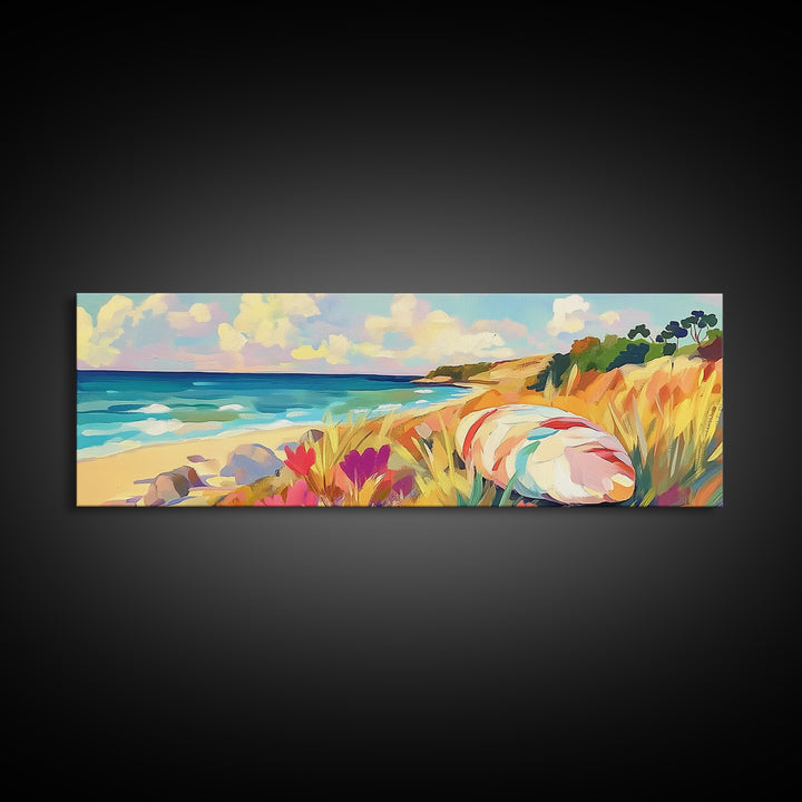 Sunny Coastal Beach With Seashell And Wildflowers Wall Art, Ocean Landscape Canvas Print, Beach House Decor, Summer Vibes