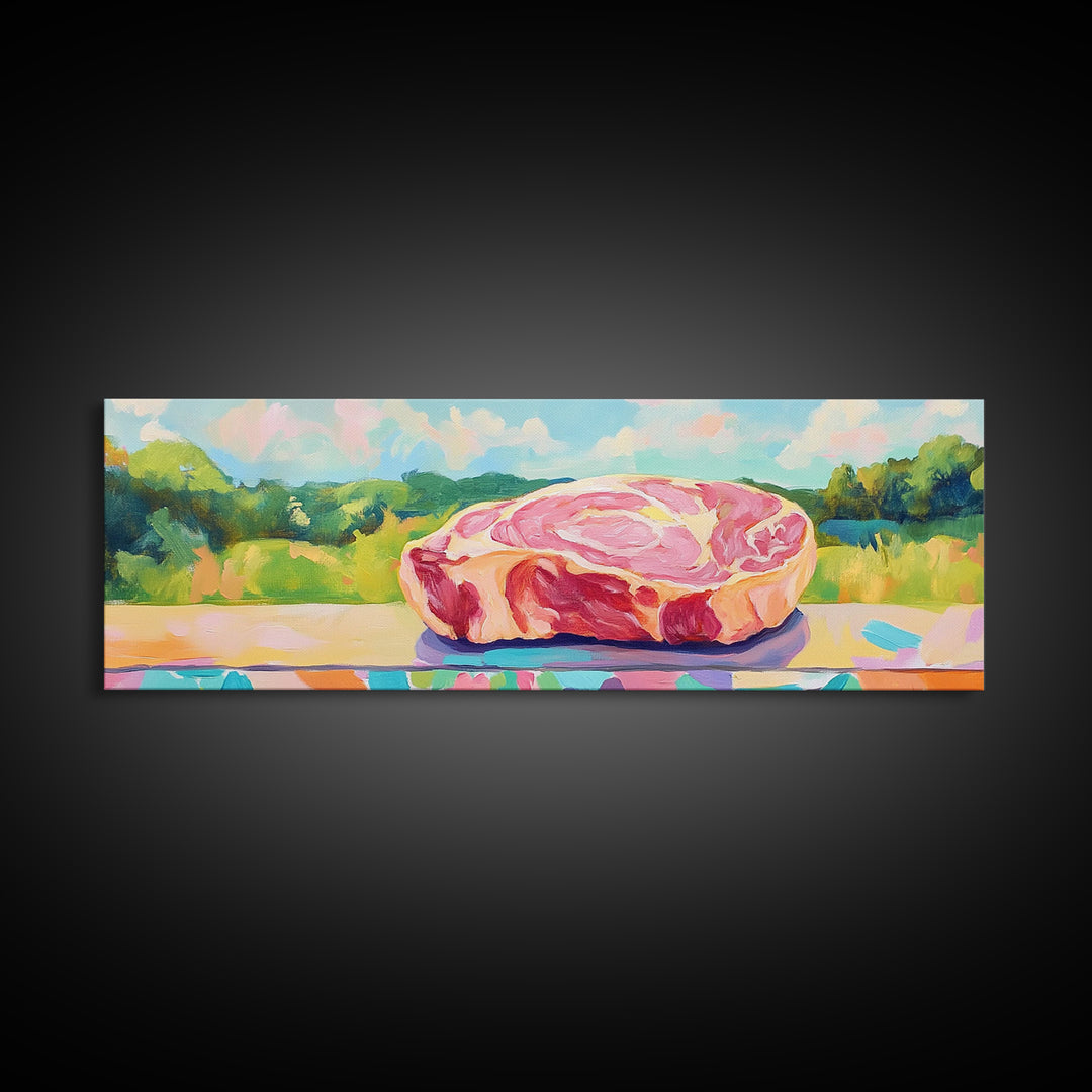 Pastel Steak Still Life In Green Meadow Wall Art, Quirky Kitchen Canvas Print, Colorful Food Decor, Dining Room Art Gift