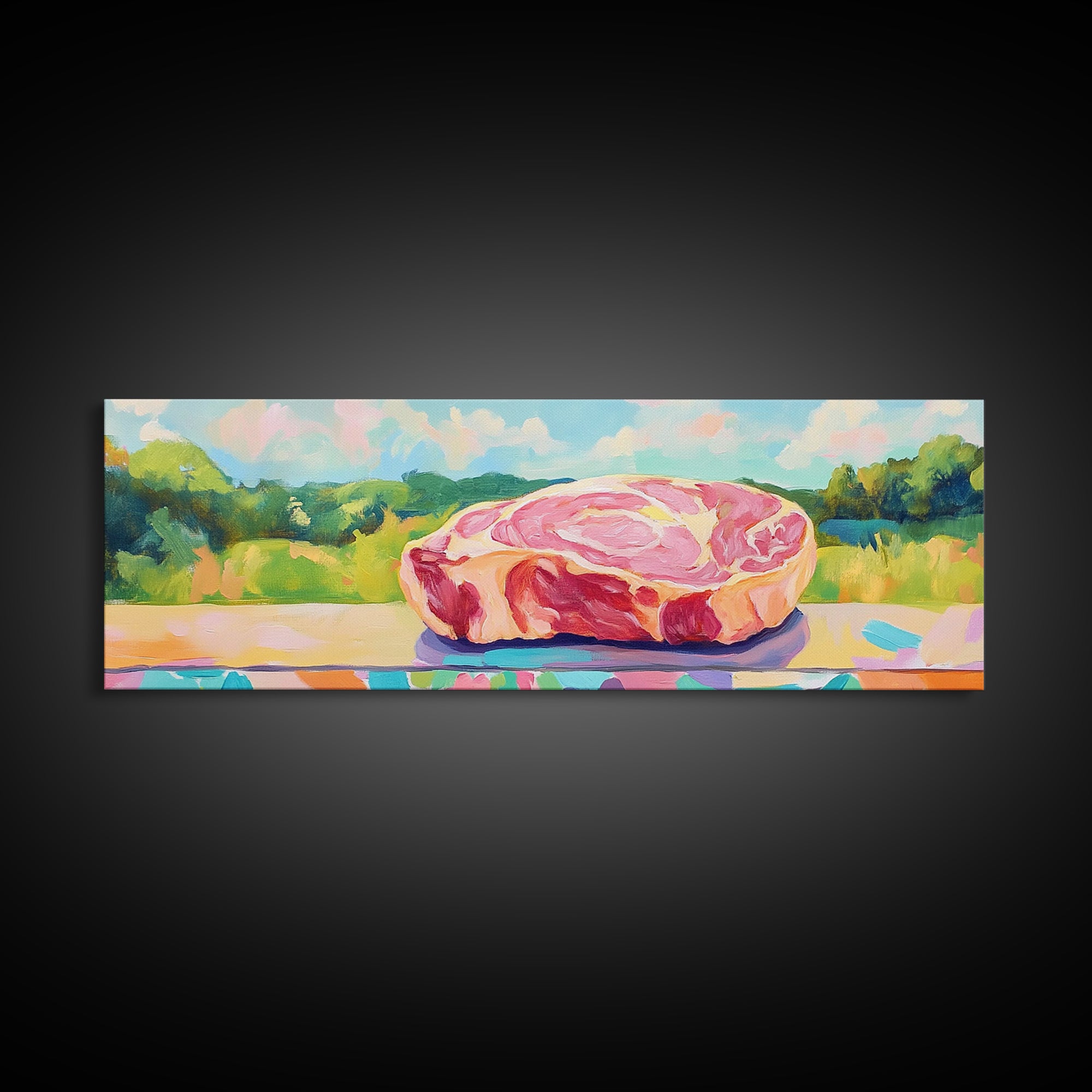 Pastel Steak Still Life In Green Meadow Wall Art, Quirky Kitchen Canvas Print, Colorful Food Decor, Dining Room Art Gift