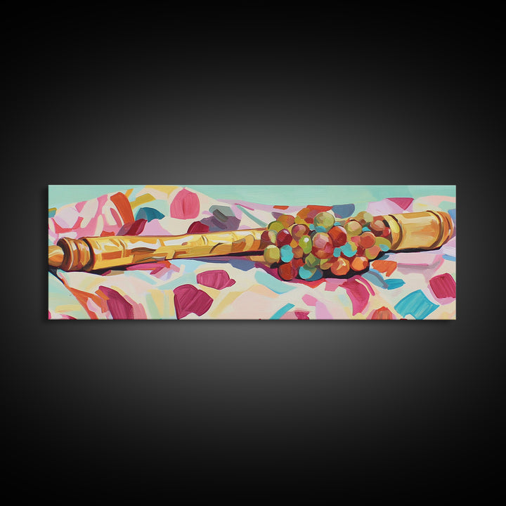 Golden Rolling Pin With Grapes Still Life Wall Art, French Kitchen Canvas Print, Wine Decor, Food Lover Housewarming Gift