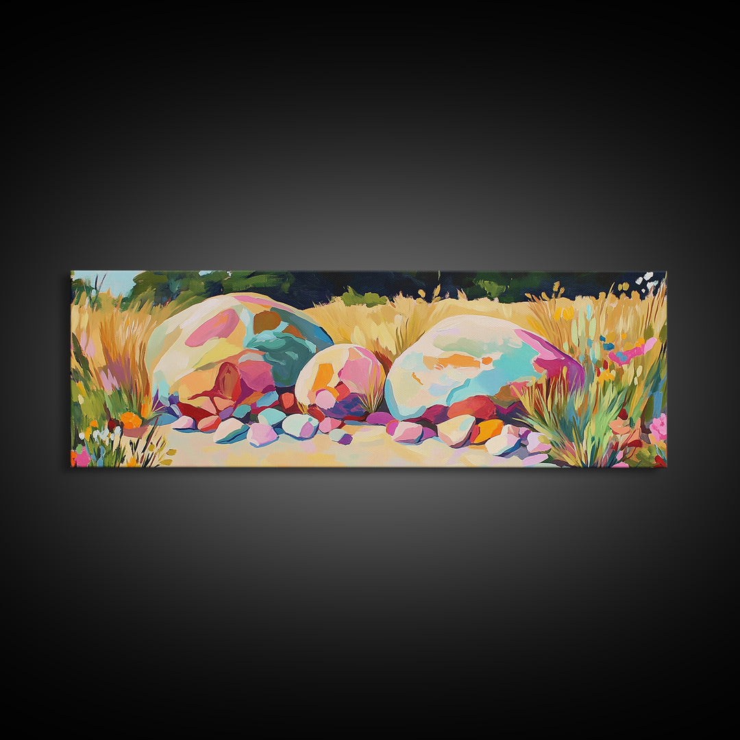 Sunlit Painted Boulders In Golden Meadow Wall Art, Modern Landscape, Nature Wall Decor, Rustic Home Decor, Canvas Print, Housewarming Gift