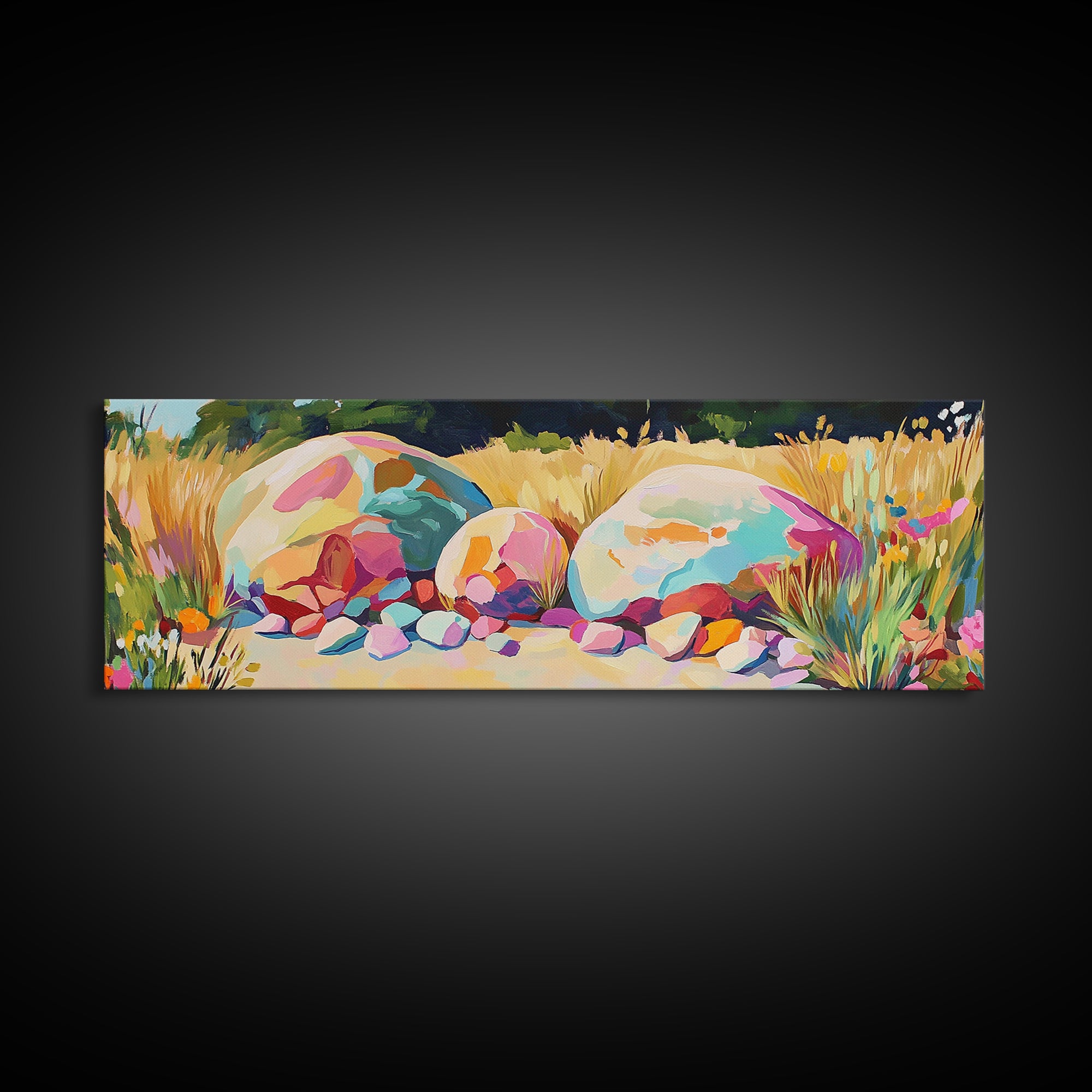 Sunlit Painted Boulders In Golden Meadow Wall Art, Modern Landscape, Nature Wall Decor, Rustic Home Decor, Canvas Print, Housewarming Gift